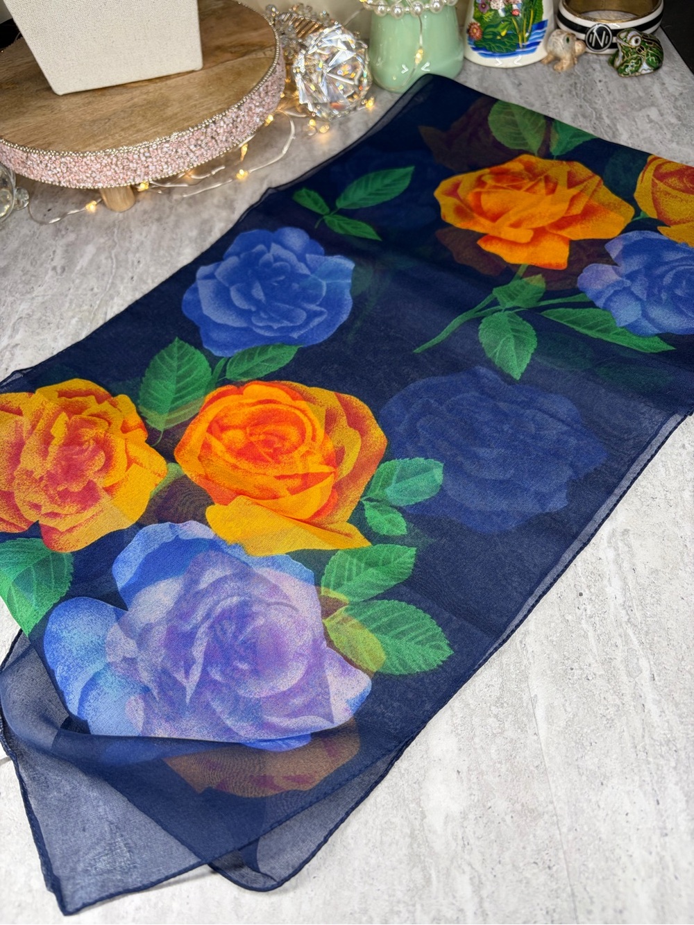 Vintage Italy Berkshire Scarf New W Tags Sheer Blue Floral 11x60 Flowers Bright